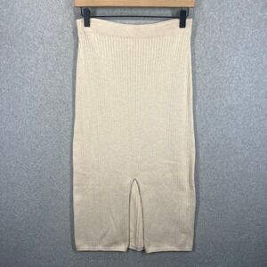 Free‎ People Midi Skirt Womens L Beige Ribbed Knit Cotton Blend Slit EUC